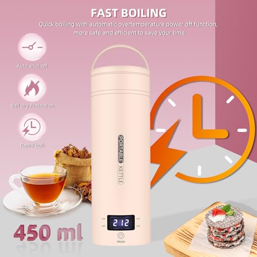 Image of Travel Electric Kettle Portable Small Mini Tea Coffee Kettle Water Boiler, Water Heater with 4 Temperature Control,304 Stainless Steel with Auto Shut-Off & Boil Dry Protection, BPA-Free (Pink)