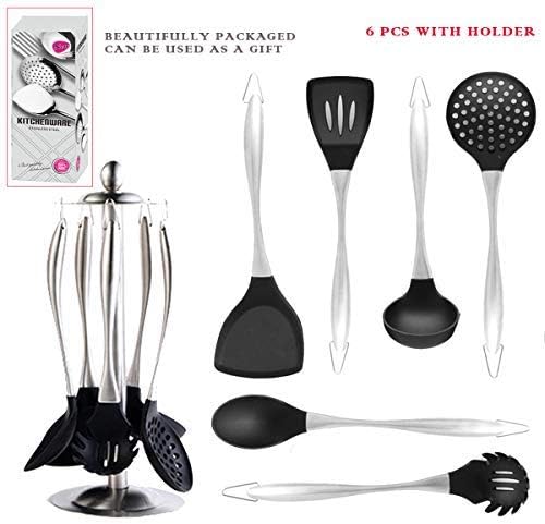 Silicone Kitchen Utensil Set With Holder Non-Stick 6 Piece Premium Cooking Utensils with Stainless Steel Handles Big Utensil Storage Shelf-Slotted Spoon, Spoon, Soup Ladle, Turner, Slotted Turner…