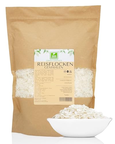 Reis Flocken 1kg von der Grünen Essenz | weiße Reisflocken zum Frühstück | Müsli und Backen - als Hundefutter Zusatzstoff - Reisflocken 1kg Reisbrei fur Pudding - Reis Gemüseflocken Vegan (1 Kg)