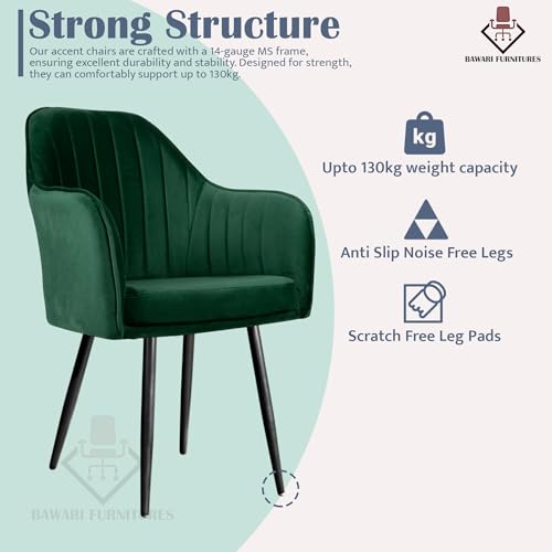 Image of Plush Dining Chair | Accent Chair for Living Room Bedroom Restuarant | Velvet Fabric & Thick Cushion Seat with Sturdy Glossy Metal Legs (Black Legs, Green)