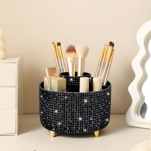 Image of Diesisa Bling Diamond 360 Makeup Brush Holder Organizer, Rotating Makeup Brush Organizer,5 Slot Make up Brushes Cup for Cosmetics, Vanity Desktop Organizer, Gift for Women Teen Girls- Diamond Black