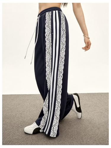 MakeMeChic Women's Floral Lace Striped Pants Drawstring Wide Leg Y2k Sweatpants Trousers2