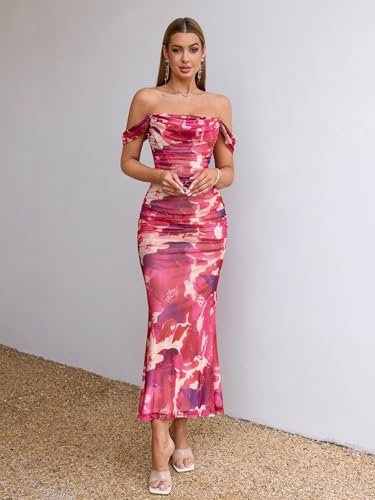Image of KUTUMAI Off The Shoulder Maxi Long Dress Corset Ruched Bodycon Cocktail Formal Wedding Guest Dresses for Women