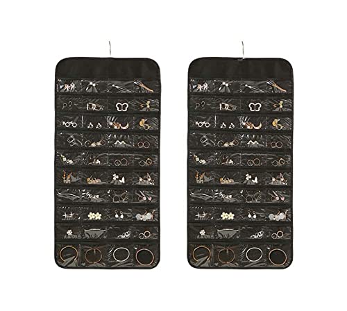 kamuavni Hanging Jewelry Organizer 80 Pockets, Rolling Storage Bag for Earrings Necklace Bracelet Ring Accessory Display Holder,33.9 * 18.9Inch (black)