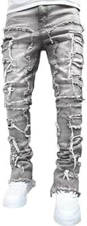 Stacked Jeans Men Skinny Ripped Jeans Slim Fit Patchwork Denim Pants Y2K Goth Harajuku Emo Hip Hop Jeans Trouser