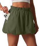 ONLYSTORY Women's Casual Bubble Shorts High Waisted Summer Puffy Hem Wide Leg Balloon Shorts with Zipper Pockets Army Green