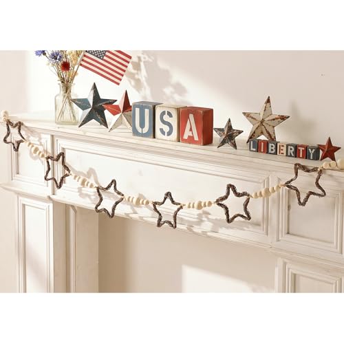 4th of July Garland Decorations, Farmhouse Patriotic Banner with Rattan Stars and Wooden Beads, Rustic Fourth of July Decorations Indoor for Mantel Fireplace Wall, Independence Day Decor for Home