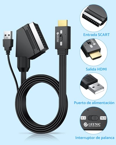 Miniatura 7 de Esynic Convertidor Scart A Hdmi 1080p, Conversor Euroconector A Hdmi Con Cable Scart Integrado 1.5m Selector 4:3 16:9, Compatible Para Vcr Dvd Vhs