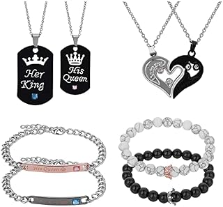 Yolev 8 Pieces Couple Necklace Bracelet Set, I Love You Pendant Necklaces ,Her King&His Queen Necklace Bracelet, Crown Necklace for Valentine's Day Anniversary