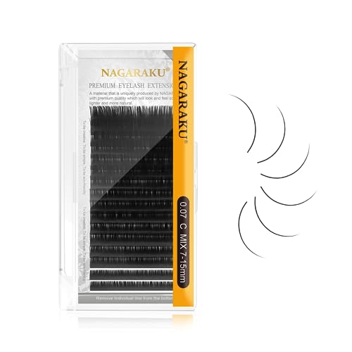 NAGARAKU Extensiones de Pestañas Individuales Clásico 1:1 Pestañas Pelo a Pelo Volumen Lashes Natural Blando Suave Wispy Singel Eyelash Extension Pestañas Postizas Negro 16 Filas(0.07mm C 7-15mm)
