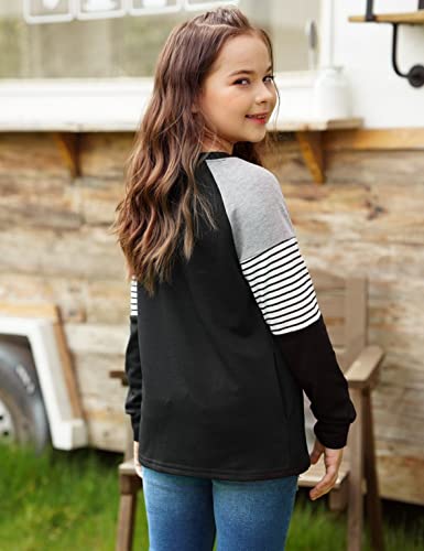 Image of SELINK Girls Big Kids Long Sleeve Striped Color Block Pocket Tees | Casual Loose Fit With Side Pockets,Soft Stretch Polyester Blend For Big Girls Daily&Back To School Wear