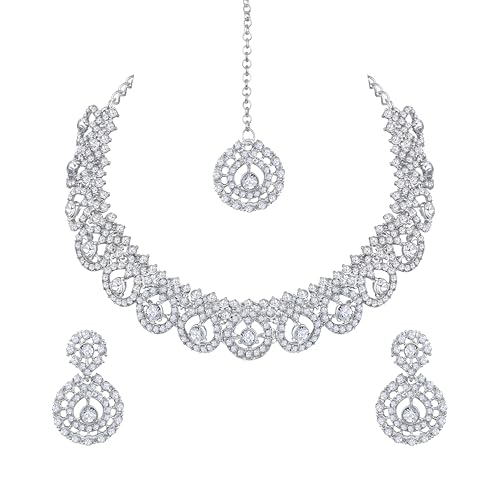Image of Atasi International Silver Plated White Crystals American Diamonds Stylish Necklace Set with Earrings and Maang Tikka for Women and Girls | Stylish Jewellery for Party, Wedding and Festive Occasions (R6155)