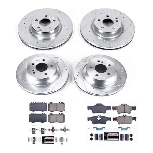 Image of PowerStop Front and Rear Brake Kit for Mercedes-Benz CLS500 2006 - Drilled and Slotted Disc Rotors with Carbon-Fiber Ceramic Brake Pads Replacement, K6598