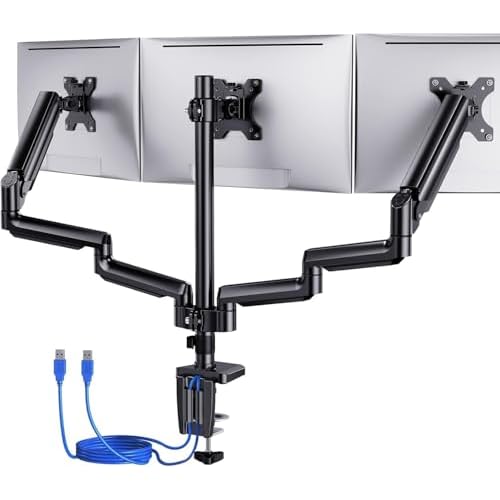 ErGear Soporte para 3 Monitores con Puertos USB, Brazo Articulado para Monitor con Resorte de Gas Ajustable, Brazo Monitor para 13”-27” Pantallas