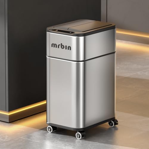 MRBIN Bathroom Stainless Steel Adsorption Motion Sensor Trash Can with Butterfly Lid and Wheels, 4 Gallon Kitchen Automatic Waste Garbage Basket for Office, Near Desk, Bedroom, Rv, Eclipse Grey