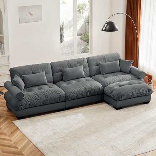YESER Oversized Sectional Couch Modular Sectional Sofa, 130" Modern L Shaped Couch with Ottoman, Comfy Velvet Cloud Couches for Living Room, Deep Seat Home Sofa with 5 Pillows, Gray