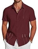 COOFANDY Men's Vacation Shirts Short Sleeve Casual Button Down Shirts Cuban Shirts Wine Red