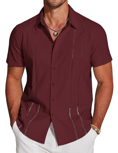 COOFANDY Men's Vacation Shirts Short Sleeve Casual Button Down Shirts Cuban Shirts Wine Red