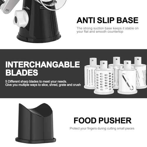 Cambom 5 in 1 Rotary Cheese Grater Hand Crank Cheese Shredder for Fresh Cheese, Vegetable, Nuts,Non-slip Suction Base, Black