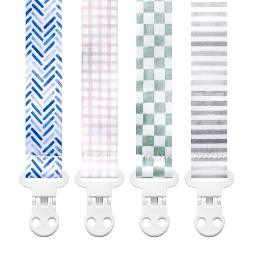 Image of Stadela Baby Pacifier Clip Holder - Girl or Boy Unisex 4 Pack Gift Set – Neutral Modern Checker Stripes Gingham Plaid Herringbone Chevron Blue Green Gray Beige