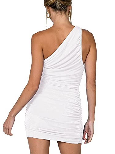 Lyaner Women's Sexy One Shoulder Ruched Sleeveless Bodycon Mini Short Dress White Medium #TOP1