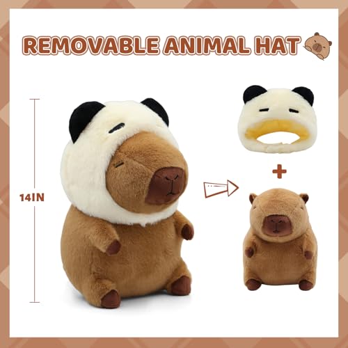 Image of Cute Capybara Plush Wear Panda Hat, Kawaii Soft Capybara Plushie Pillow, 14 inch Capybara Stuffed Animal Hugging Gifts for Kids Adults (Panda Capybara)