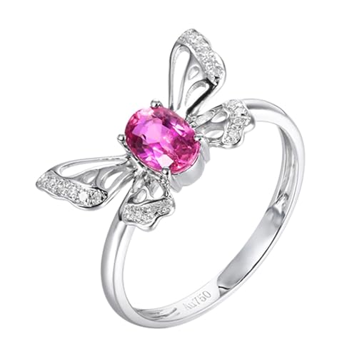 Bague en or blanc 18 carats pour femme Saphir rose ovale, bagues pour femmes papillon creux avec saphir rose et diamant de 0,76 carat Bague pour femme, 52...
