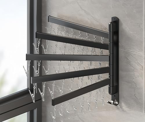 Space-Saving Wall-Mounted Rotary Clothes Drying Rack - Collapsible Laundry Organizer, Punch-Free Install, 220lbs Capacity for Bathroom, Patio & Laundry Room (White, 2 Shots, Horizontal Bar)