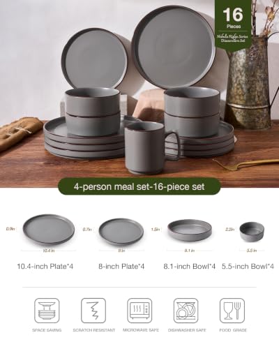 Image of Famiware Nebula Ridge 16-Piece Dinnerware Set with Pasta Bowls, Dark Gray