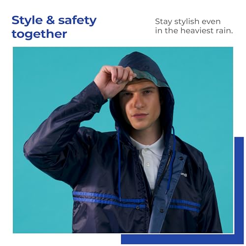 Image of Lifelong Men's Waterproof Raincoat Set - Reversible Double Coated Rain Suit with Hood, Inner Mobile Pocket | Zip & Snap Closure | Lightweight Polyester|Monsoon Wear| XXL Navy Blue & Royal Blue Stripe