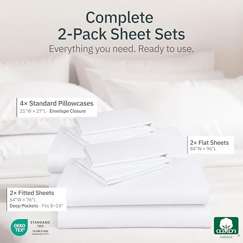 Image of Pack of 2 Super Soft 100% Cotton Full Size Sheets Set, White | Lightweight & Breathable For Hot Sleepers, 14 inch Deep Pocket, All-Around Elastic, Durable, Easy Care, OekoTex Certified