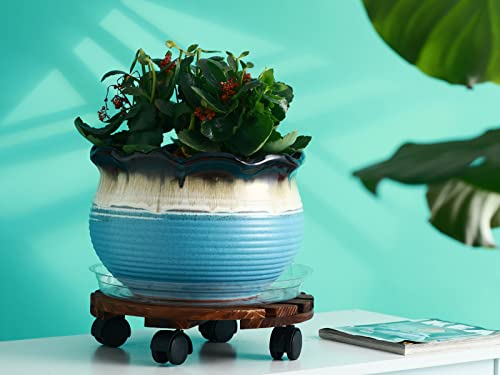 2 Packs Round Wooden Plant Caddy 12” Plant Dolly With Casters Heavy-Duty Wood Rolling Plant Stands With Wheels For Indoor And Outdoor Plant Pot Rollers, Plastic Saucers Included #TOP5