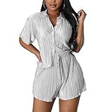 Fastkoala Short Sets Women 2 Piece Outfits Vacation Pleated Button Down Shirts Drawstring Shorts Set