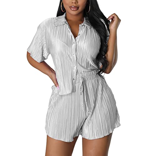 Fastkoala Short Sets Women 2 Piece Outfits Vacation Pleated Button Down Shirts Drawstring Shorts Set Loungewear White L #TOP18
