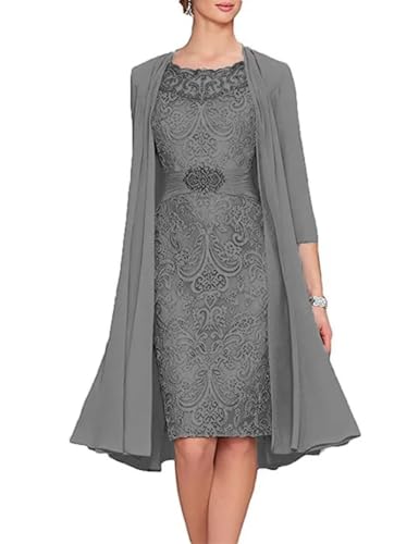 Tea Length Mother of The Bride Dress Plus Size 3/4 Sleeves Formal Dress Floral Lace Grey Evening Gown with Jacket US 22