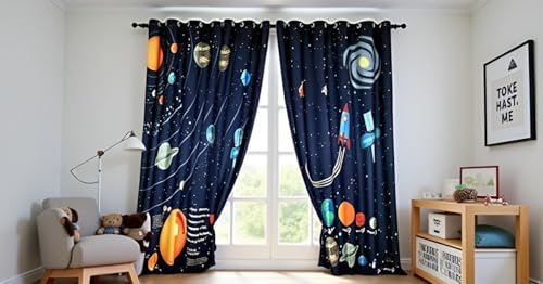 Image of Blackout Space Theme Curtains for Kids Room | Planets Parde, Cartoon Curtains 4x5 feet Set of 2 | Window Galaxy Print Blinds for Boys & Girls Room| Window Curtain Panel, Grommet, Multicolour