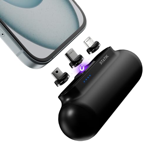 Statik Snap-N-Charge Power Bank, Mini Portable Charger for All Devices 3-in-1 Magnetic Tips USB C, Micro USB and iProduct, Compact Powerbank 3,200mAh 10W Battery Pack