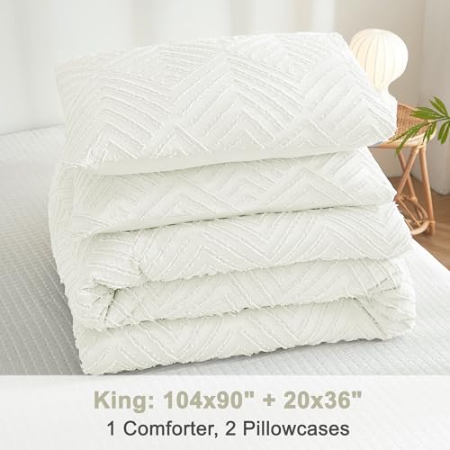 Image of Litanika Ivory King Size Comforter Set, 3 Pieces Tufted Boho Farmhouse Bedding Comforter Sets, Lightweight Fluffy Comforter Bed Set for All Season (104x90In Comforter and 2 Pillowcases)