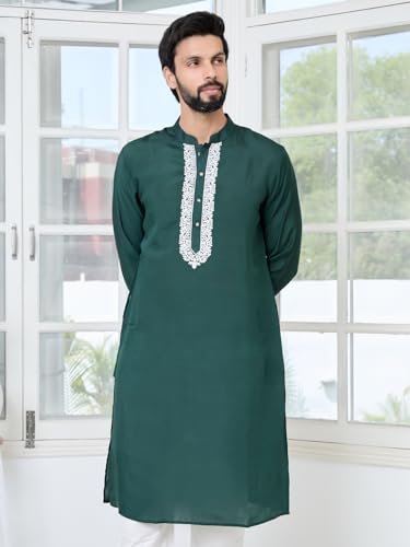 Image of See Designs Men's Full Sleeve Mandarin Collar Floral Embroidered Mandarin Collar Thread Work Straight Long Kurta - Festive Collection