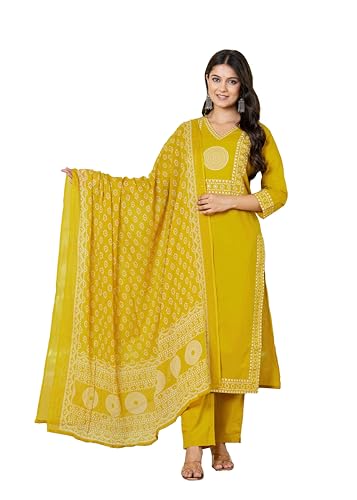 Image of Pistaa's Women's Ethnic Motifs Printed Regular Pure Cotton Kurta with Trousers With Dupatta Set