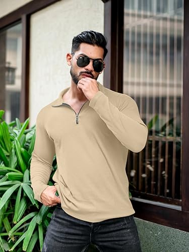 Image of KAJARU Men's Polyester Blend T Shirt with Spread Collar Neck Line Zipper Closure Full Sleeves Solid Pattern Regular Fit and Standard Length