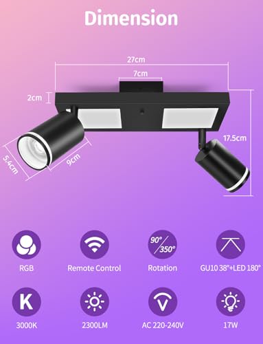 YindaLux Lampa sufitowa LED, 2 ściemnialne reflektory z pilotem, RGB 17 W 2300 lm, obrotowe reflektory sufitowe GU10, czarna lampa sufitowa z dolnym blaskiem 7 W + 2 x 5 W, GU10, do salonu, kuchni