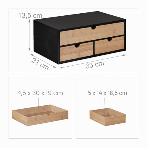 Organisateur Bureau Bambou 3 Tiroirs Noir, Relaxdays