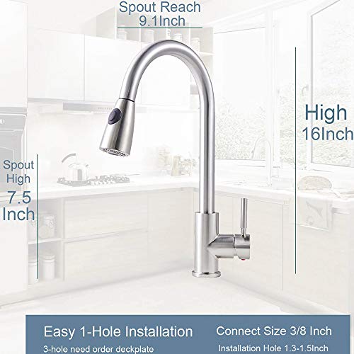 Comllen Commercial Single Handle High Arc Brushed Nickel Pull Out Kitchen Faucet ,Single Level Stainless Steel Kitchen Sink Faucets with Pull Down Sprayer Without Deck Plate