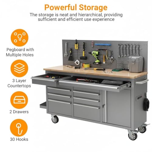 Image of PeakPursuit 61 inch Rolling Tool Chest with 10 Drawers, Workbench Cabinet with Power Strip, Solid Rubber Wood Top, Pegboard, 1675 LBS Load, Mobile Heavy Duty Garage Storage, Locking Wheels, Silver