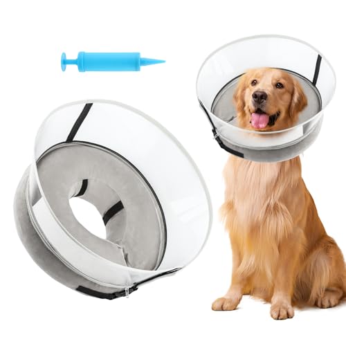 Image of Inflatable Dog Cone Collar for Dogs After Surgery, 2 in 1 Soft Inflatable Dog Cone with Manual Inflator and Clear PVC Anti-Licking Shield, Dog Recovery Protective Collar(Grey,Color:L)