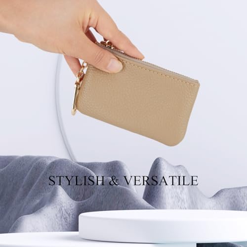 Image of Full Grain Leather Coin Purse with Key Chain - Small Change Purse Keychain Card Holder Pouch Small Wallet for Women and Men (Elephant Gray)