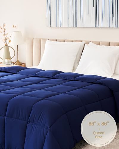 Image of Lavish Comforts Navy Blue Comforter - Fluffy Down Alternative Dark Blue Comforter, Premium All-Season Bedding, Hypoallergenic, Machine Washable, Blue King Blanket with Corner Loops 104x86