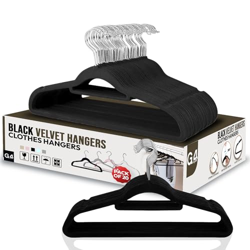 G4GADGET Black Velvet Hangers 20 Pack Non Slip Clothes Hangers with 360 Swivel Hook Space Saving Slim Closet Hangers for Coats Shirts Dresses & Pants Heavy Duty Velvet Coat Hangers for Closet