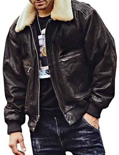 Image of FLAVOR Men's Real Leather Bomber Jacket with Removable Fur Collar Aviator